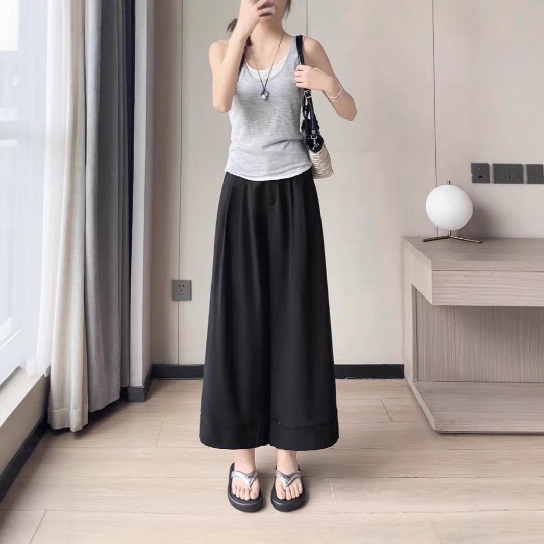 韓国 2025 新しい夏スタイルハイウエストスリム多用途カジュアルストレートパンツ女性の中空スプライシングワイドレッグ 9 点パンツ