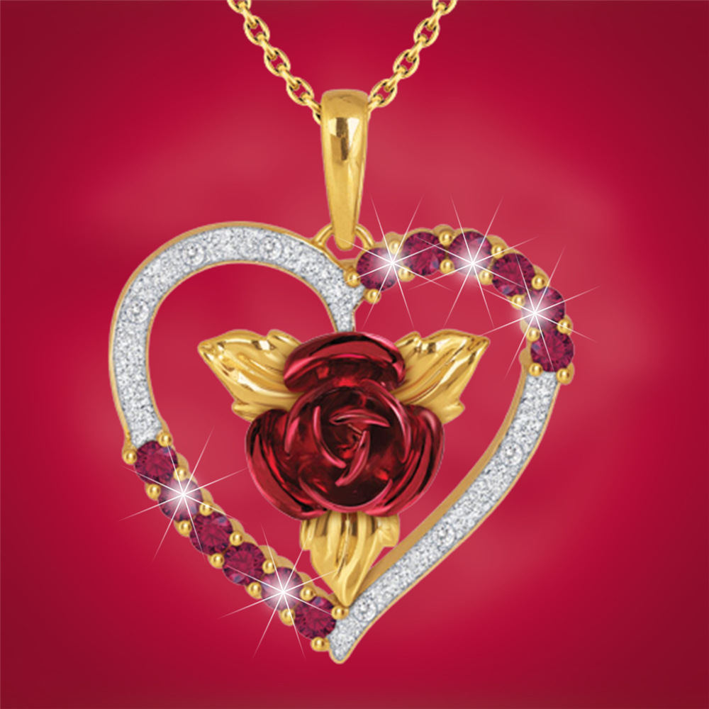 New Elegant Rose Blossoms Heart Shaped Diamond Set Necklace Female Niche Design, Premium Birthday Gift for Girlfriend_voghion.com