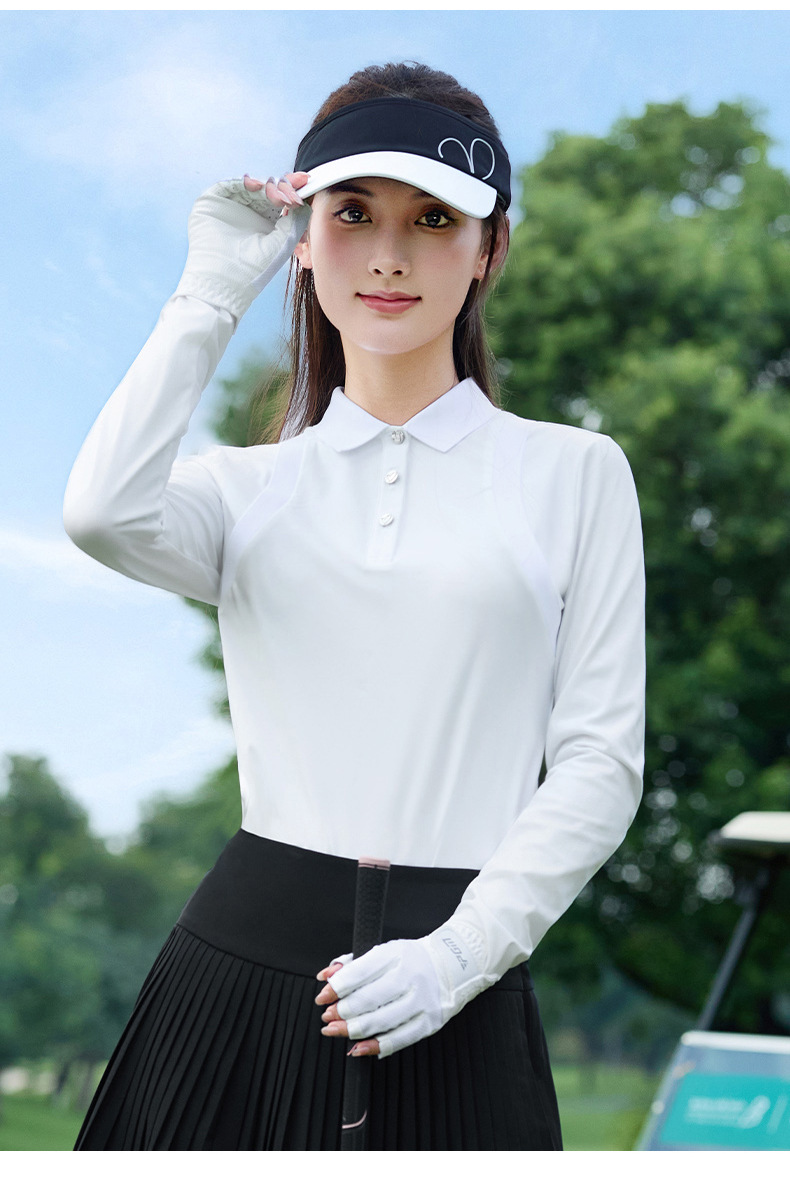 Áo polo dài tay nữ golf phối giả hai mảnh, chất vải co giãn thoáng khí — Tay áo dài màu trắng [nút tình yêu/vải co giãn/thoáng khí và thấm mồ hôi] YF834 chi tiết 10