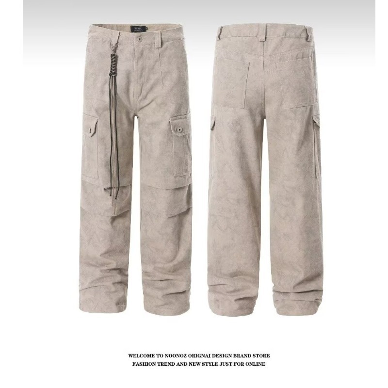 Outdoor Functional Style Solid Color Straight-Leg Jeans For Men Washed Vintage Wrinkled Feel Cargo Pants Design Sense_mkmklike.com