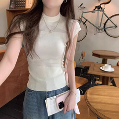 ニットグレー正肩半袖tシャツ女性夏2025新デザイン感小衆ギャル透かし彫りの短い上着