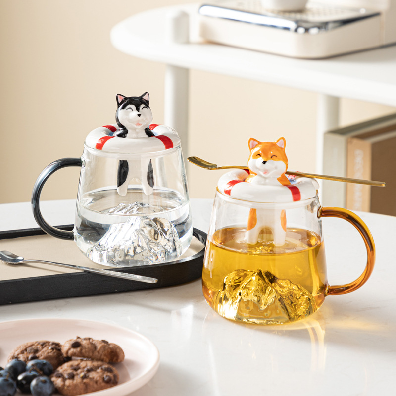 Borosilicato taza Linda taza con tapa de los hombres y mujeres taza de té café Shiba Inu Husky taza regalo