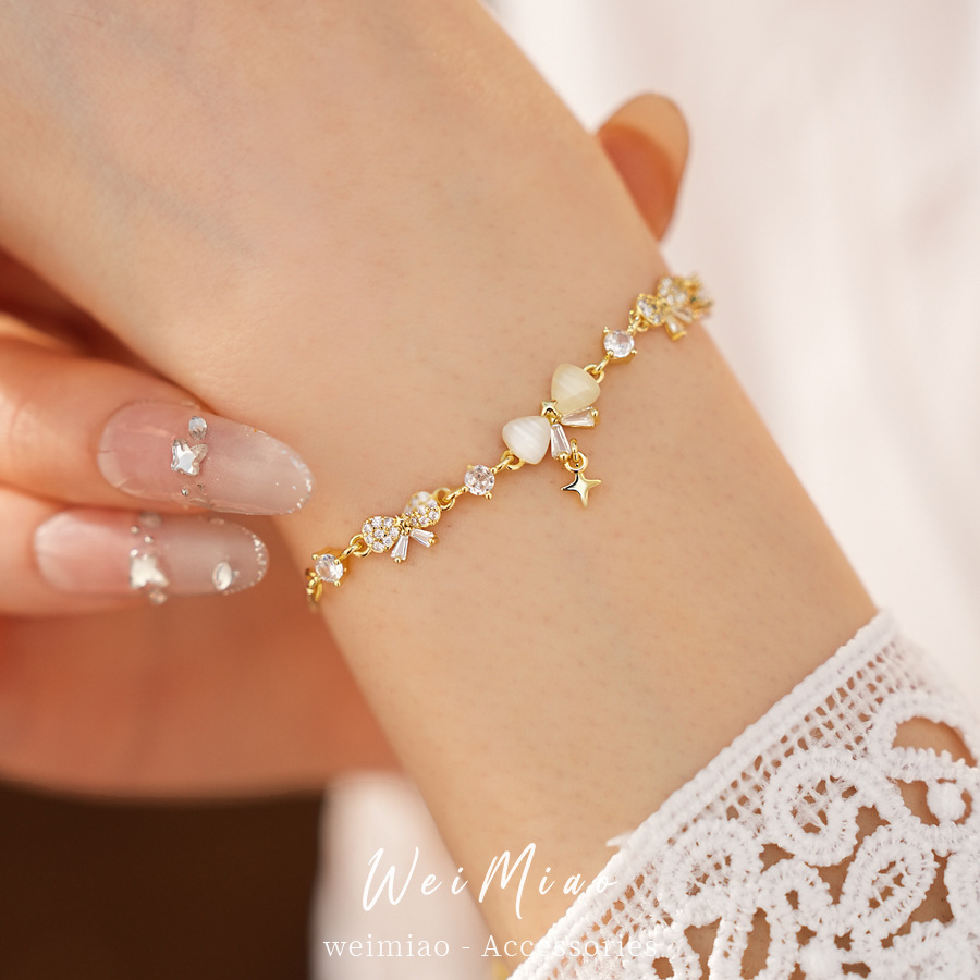 18K oro real arco de mariposa de piedra de galería pulsera pulsera ligera de lujo nicho temperamento joyería de la mano image 3