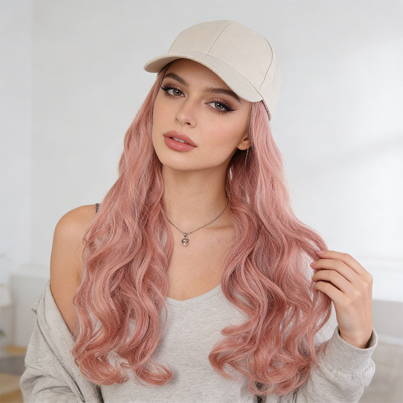 Baseball Cap With Integrated Long Wavy Wig For Women Beige_voghion.com