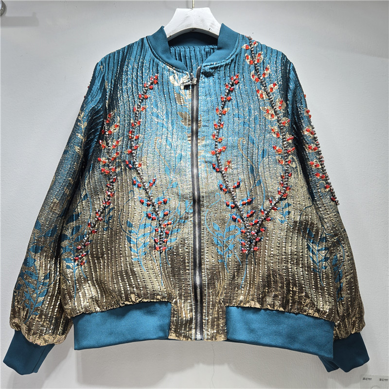 Chaqueta Corta Jacquard Retro para Mujer con Cuentas y Cierre de Cremallera