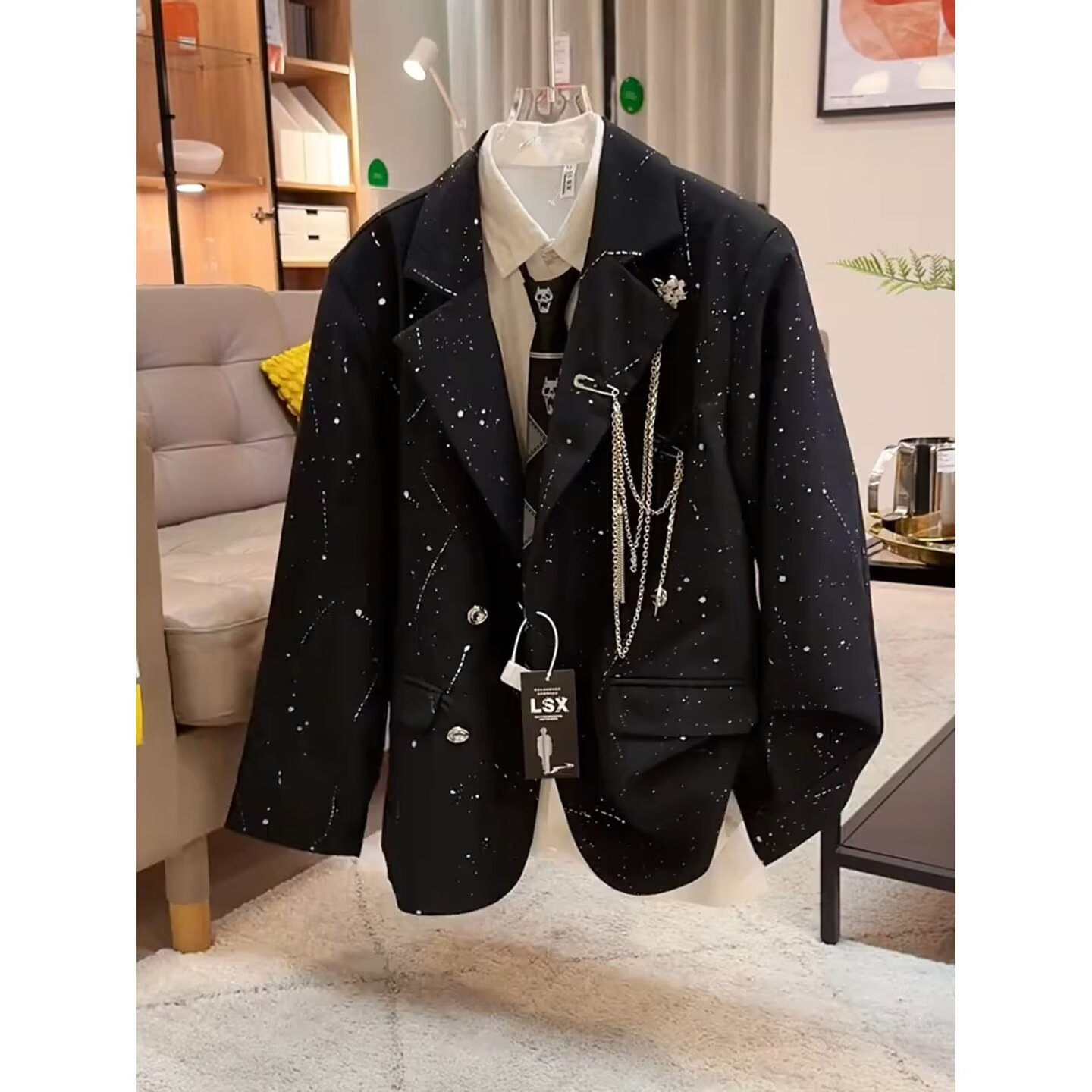 春秋新款设计感金属链条满天星西装外套男高级感痞帅垫肩西服上衣
