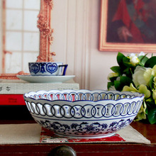 青花镂空果盘点心水果盘圆形家用客厅大号创意装饰陶瓷摆件