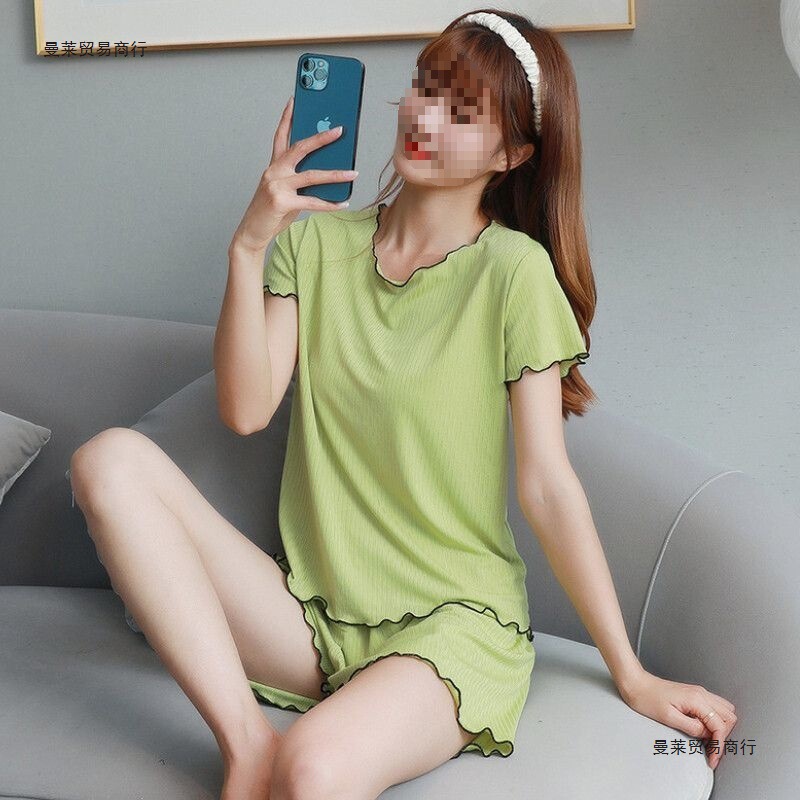 Summer Women's Pajamas, Thin Ice Silk Short-Sleeved Shorts, Loose Fit with Chest Pads, Round Neck, Solid Color, Two-Piece Loungewear Set Summer Women's Pajamas, Thin Ice Silk Short-Sleeved Shorts, Loose Fit with Chest Pads, Round Neck, Solid Color, Two-Piece Loungewear Set