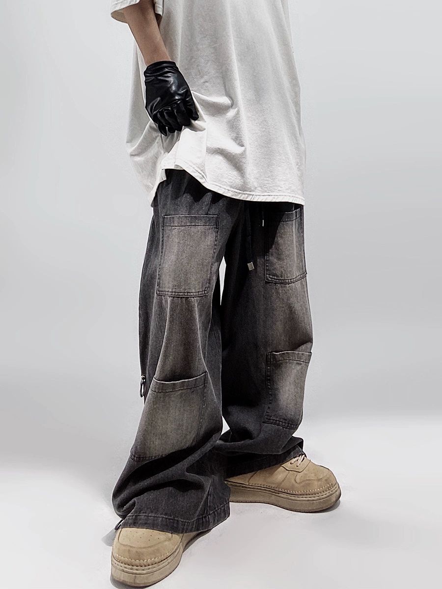 Factory direct supply hip-hop fashion brand high street mop wide leg jeans loose plus size American retro straight overalls