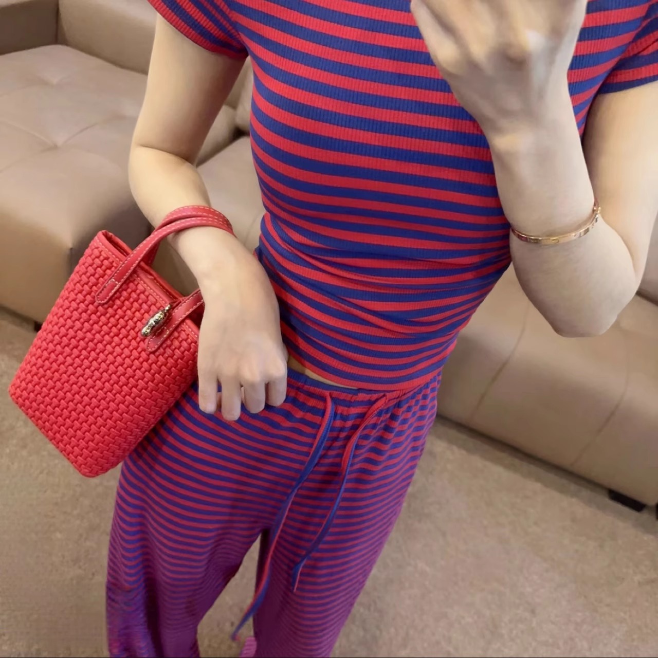 Hot Girl Casual Sports Suit for Women 2026 Summer Slim Fit Pure Desire Striped Short-Sleeve T-Shirt and Wide-Leg Pants Two-Piece Set