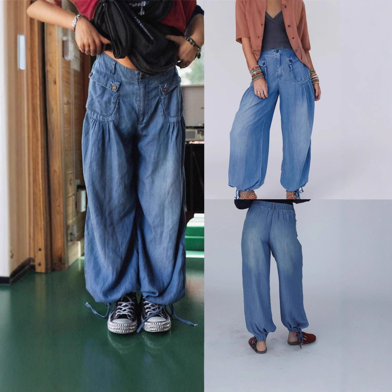 Cross-Border Casual Jeans for Women 2025 Autumn New Style European and American Amazon Washed Loose Mid-Waist Straight-Leg