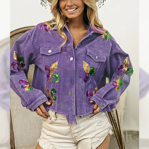 Cross-Border Spring Popular Sequin Jacket European and American Corduroy Carnival Iris Sequin Baseball Jacket Top