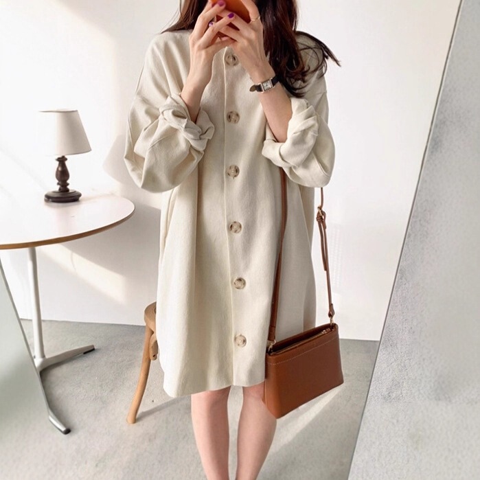 Foreign Trade Purchase Korean Chic Spring and Autumn Solid Color Plus-Size Round-Neck Single-Breasted Thin Puff Sleeve Mid-Length Trench Coat Foreign Trade Purchase Korean Chic Spring and Autumn Solid Color Plus-Size Round-Neck Single-Breasted Thin Puff Sleeve Mid-Length Trench Coat
