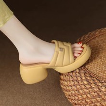 时尚外穿厚底罗马拖鞋软皮一字型复古凉拖粗跟松糕底黄色露趾凉鞋