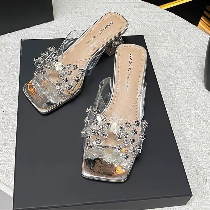 2025 Весна/Лето Легкая роскошь Квадратный носок Стразы Прозрачные Высокие каблуки Модные одноремешковые массивные каблуки Уличные туфли на каблуке с кристаллами.