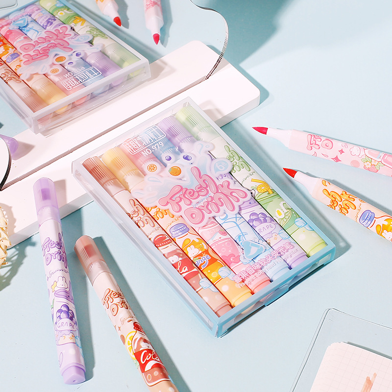 Resaltador de cabeza suave afrutado para tomar notas, sello, juego de bolígrafos de colores, bolígrafos de mano especiales para estudiantes, bolígrafos clave