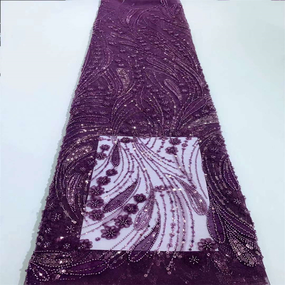 2024 Bridal beaded lace fabric 非洲新娘婚纱密针亮片珠蕾丝绣