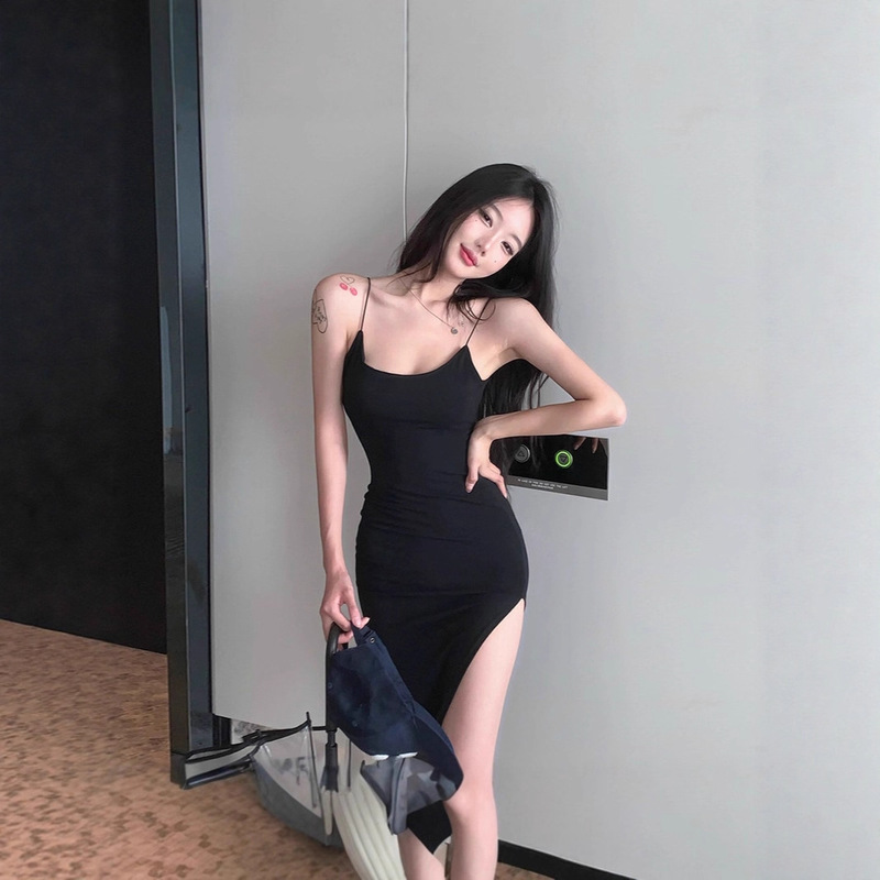 Hot Girl Pure Desire Spaghetti Strap Suspender Long Dress Women's Low-Cut Backless Sexy Slit Long Skirt Figure-Showing Skirt