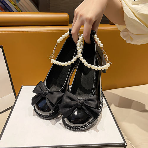 Spring and Summer New Butterfly Knot Pearl Chain French Mary Jane Women's Sandals Match Skirts Thick Heel High Heels Women