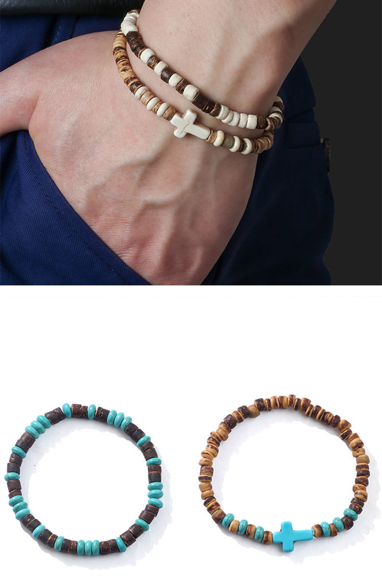 Casual Retro Cross Wooden Beads Turquoise Unisex Bracelets display picture 6