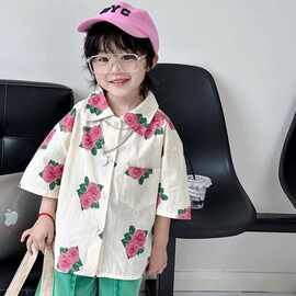 男女童花衬衫夏装2025新款洋气上衣宝宝港风复古个性休闲短袖衬衣