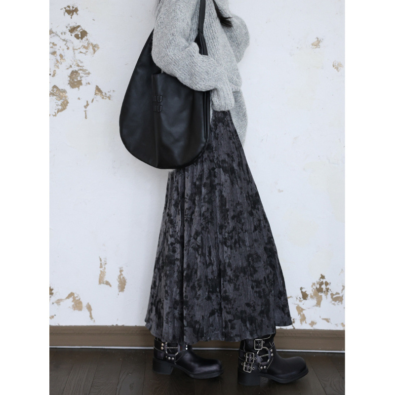 DR 复古新中式印花褶皱加厚丝绒A字伞裙半身裙女长裙松紧高腰百搭