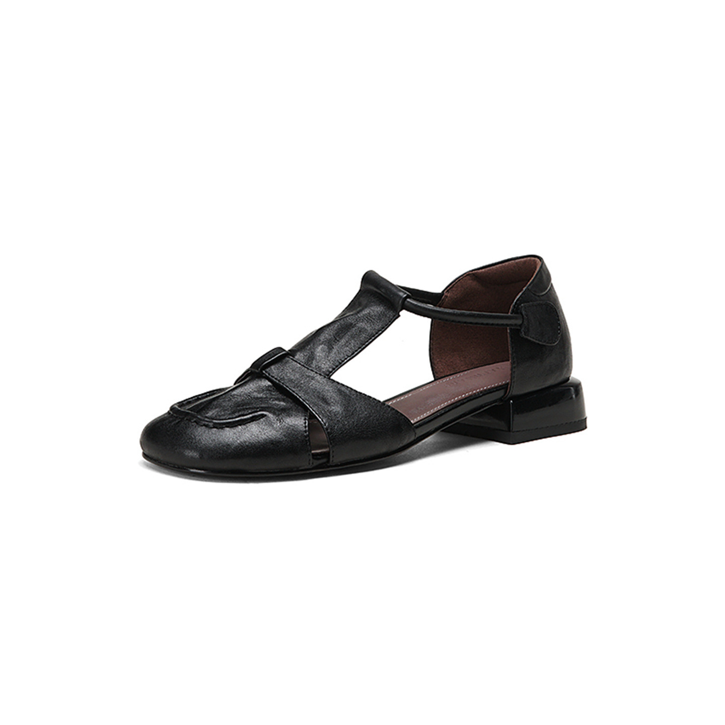 Dép sandal nữ da bò kiểu retro quai chữ T, mũi kín, gót thấp — màu nâu chi tiết 20