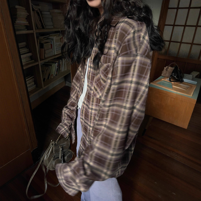 POXFFEE/【棕紫色】美拉德格子衬衫女秋季新款复古衬衣上衣|undefined