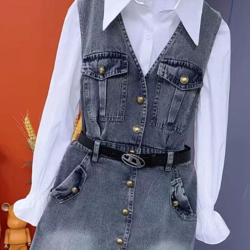 2026 Spring New Style Belt Fashion Waist-Cinching Denim Suspender Dress Youthful Chic Shirt Dress Two-Piece Set 2026 Spring New Style Belt Fashion Waist-Cinching Denim Suspender Dress Youthful Chic Shirt Dress Two-Piece Set