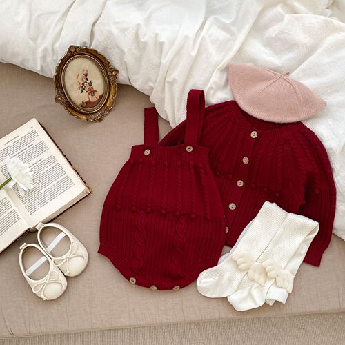2024 Spring and Autumn Baby Girl Solid Color Wool Top Handmade Hook Bubble Ball Carrier Harness Knitted Jacket Two-piece Set