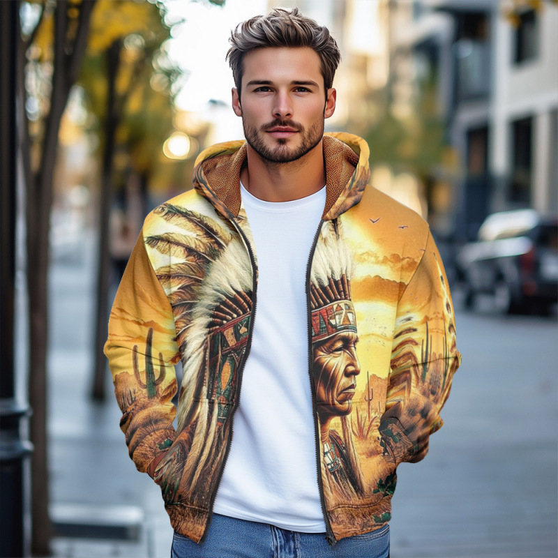 Men's Zip-Up Hoodie, Winter Thickened Parka Coat, Ethnic Tribal Pattern Jacket, Windbreaker, Sweatshirt, Outerwear
