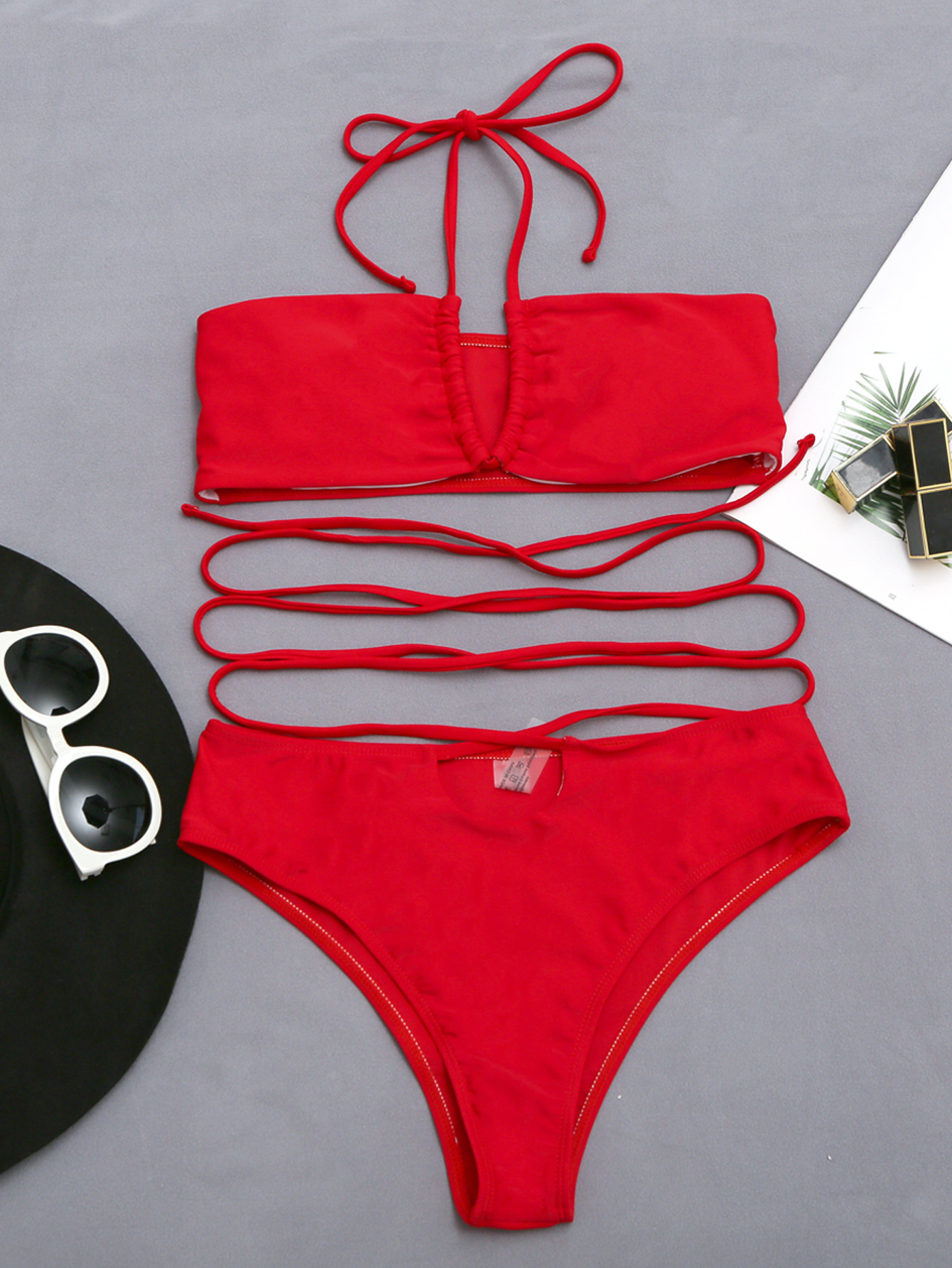 Sexy Red Lace-Up Split Bikini 2 Piece Swimsuit NSCMB95183