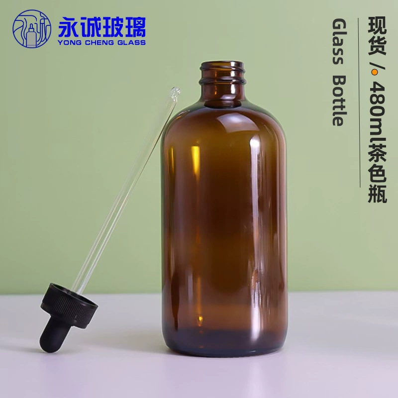 Кастомная стеклянная бутылочка для эфирных масел 480 мл коричневого цвета с резиновым наконечником-пипеткой, стеклянный флакон для косметических жидкостей и эссенций