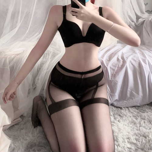 Beautiful legs, black stockings, female sexy uniform, seductive mood stitching, fake suspenders, ultra-thin open-top bottoming pantyhose