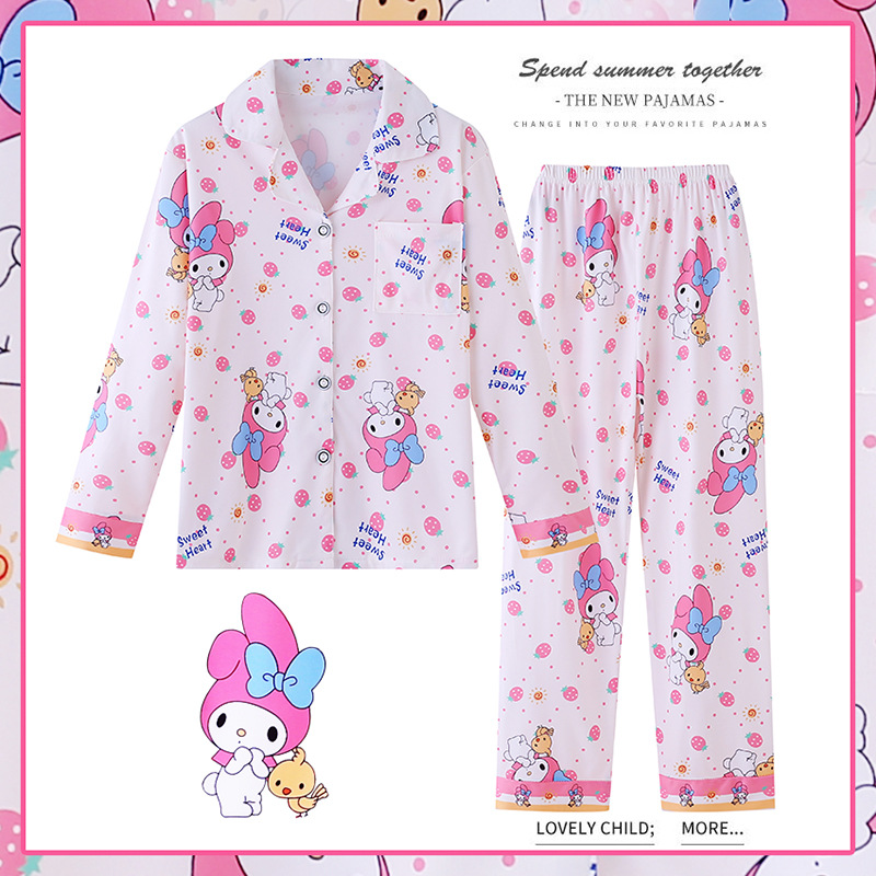 Pijamas para niños del sudeste asiático para niños de primavera y otoño para niñas de manga larga y solapa fina de dibujos animados LABUBU traje de otoño para niños grandes