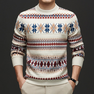 Light Luxury Pure Wool Sweater Men's Autumn and Winter Fashion Printed Young Middle-aged Men's Sweater Thickened Warm Men's Base Shirt