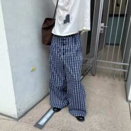 夏季新款格子宽松cleanfit阔腿可拆卸多纽扣中低腰休闲裤男女同款