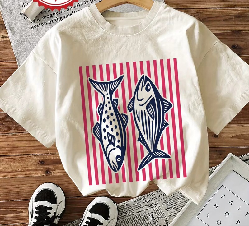 Women's Casual T-Shirt with Ocean-Inspired Fish and Stripe Print, Crew Neck, Short Sleeves, Soft and Comfortable for Summer