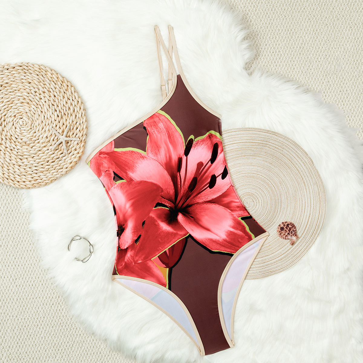 Dam baddräkt one-piece med blommigt tryck rygglös elegant_voghion.com