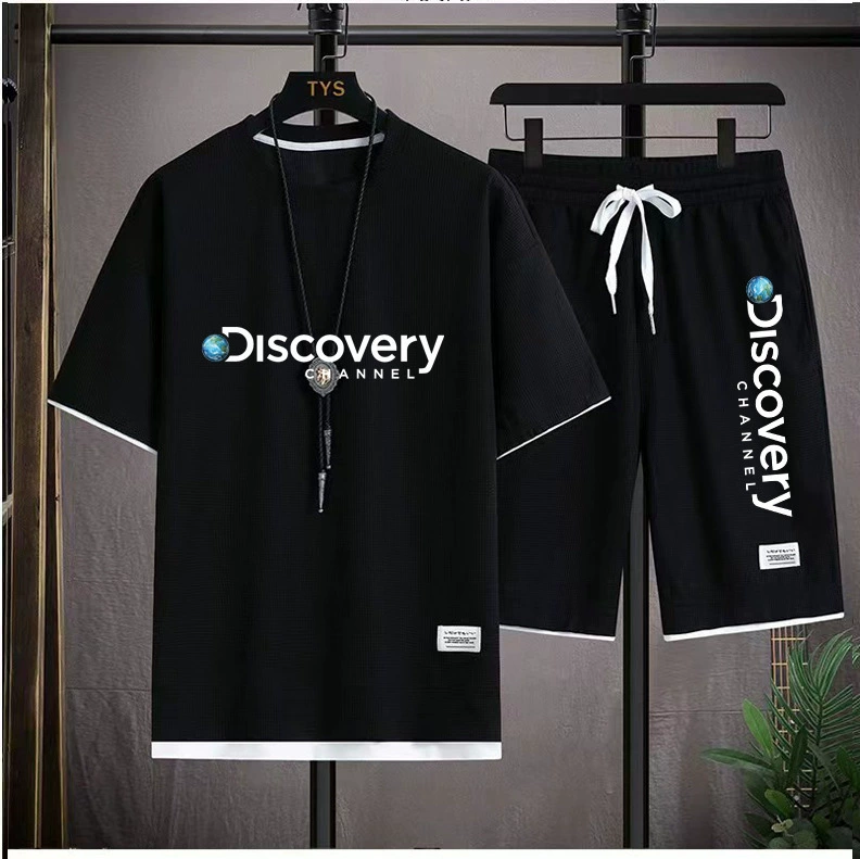 Новая Летняя мужская футболка из двух частей в гонконгском стиле с Вафельной имитацией, костюм-шорты, летняя тонкая свободная футболка больших размеров