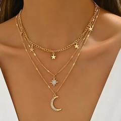 欧米のクロスボーダーの装飾品のファッションは5角星の三日月のペンダントを入れて多層に重ねてネックレスの個性の鎖の鎖のネックレスをつけます。