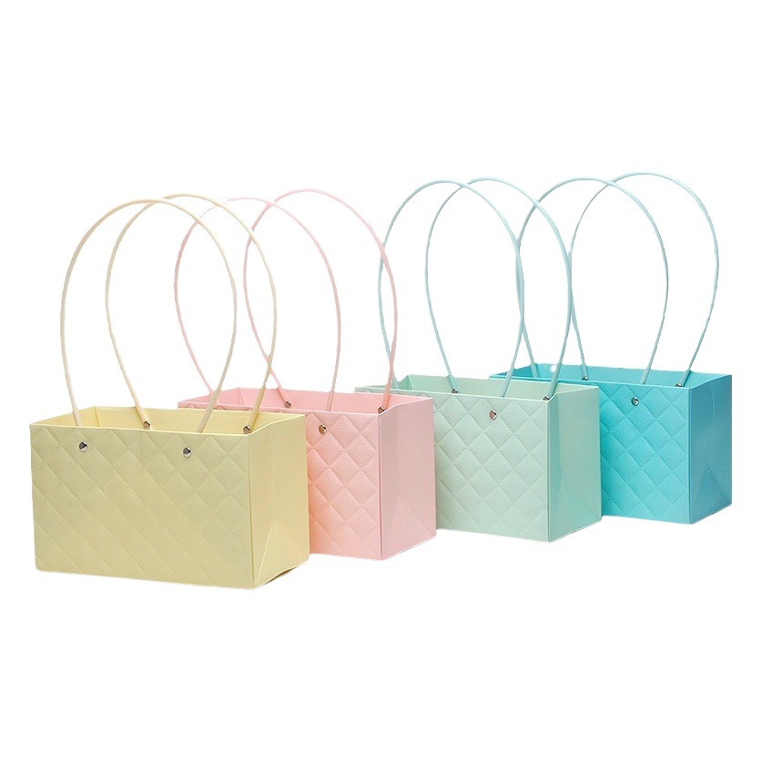 Macaron color bolso trapezoidal caja de flores en relieve material ramo caja de regalo fábrica al por mayor bolsa de flores caja de embalaje