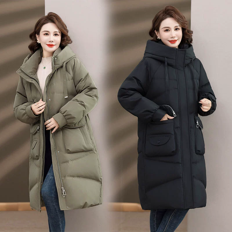 Зимний пуховик для мам среднего возраста, женский зимний 2023, новый стиль, длинный комбинезон с капюшоном, пальто с большими карманами
