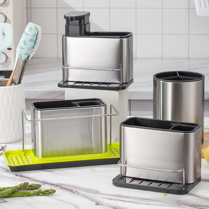 fregadero esponja palillos cuchillo y tenedor de almacenamiento drenaje cuchara de cocina lavabo de mano desinfectante de manos utensilios de cocina cubierta lavavajillas