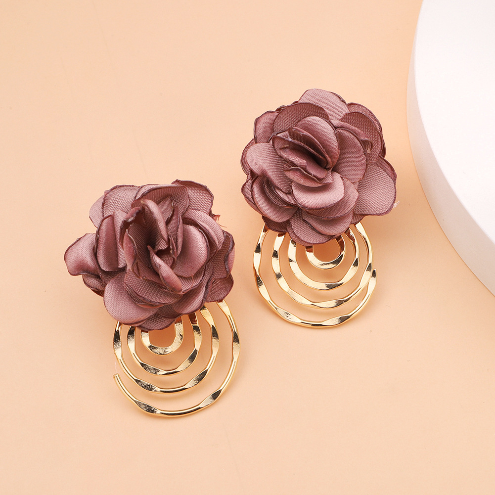 Korea Fabric Flower Earrings Autumn New Retro Multilayer Spiral Metal Pendant Rose Earrings