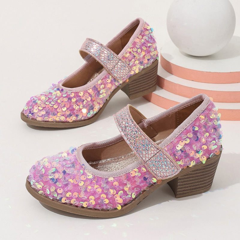 Foreign Trade European and American Sequined Fashionable High-Heeled Children's Leather Shoes with Velcro Comfortable Princess Dancing Cross-Border Vacation Cute Shoes