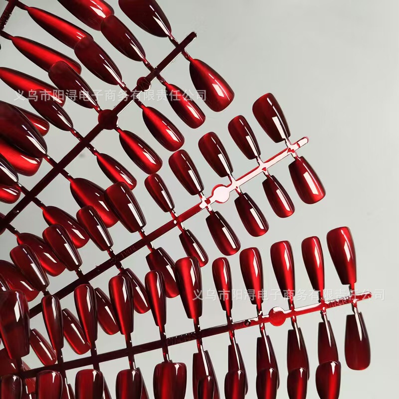 Cherry Red Pre-Made Cat Eye Pure Desire Ins High-End Cat Eye Nail Stickers Wearable Nail Finished Patch Wholesale