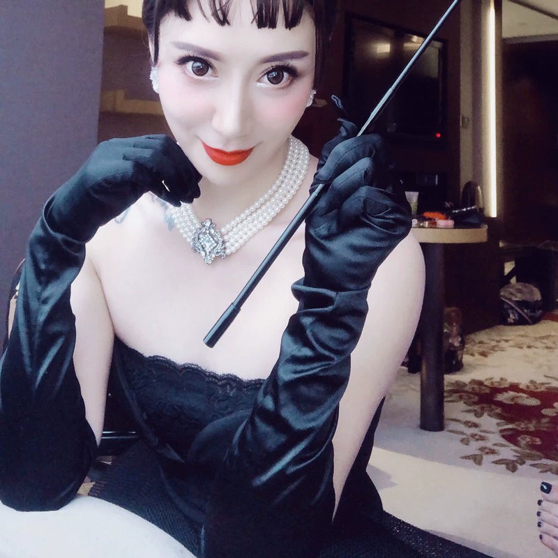 Хепберн черная сексуальная атласная локтя длинное платье ретро перчатки женский вечерний банкет