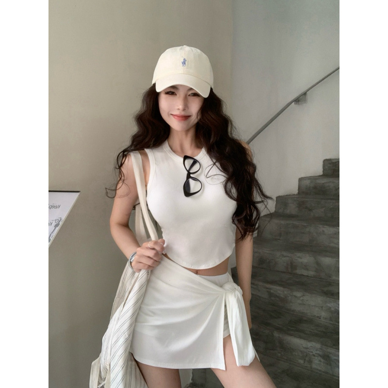 美式bm风时尚休闲套装女夏季新款设计感绑带半身裙不规则下摆背心|undefined