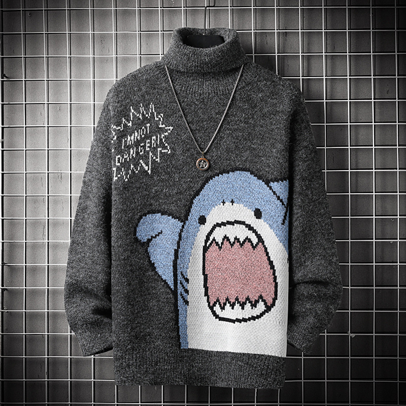 Round Neck Turtleneck Autumn and Winter Foreign Trade Spot Sweater Men's Youth Loose Casual Cartoon Shark Knitted Base Shirt Round Neck Turtleneck Autumn and Winter Foreign Trade Spot Sweater Men's Youth Loose Casual Cartoon Shark Knitted Base Shirt